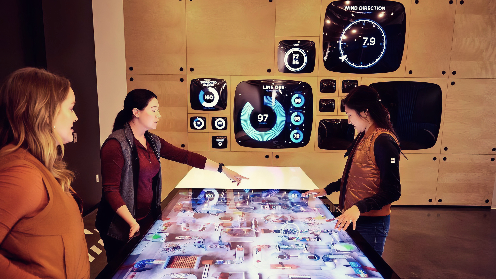 Visitors explore the interactive digital-twin table beneath a wall of live production gauges