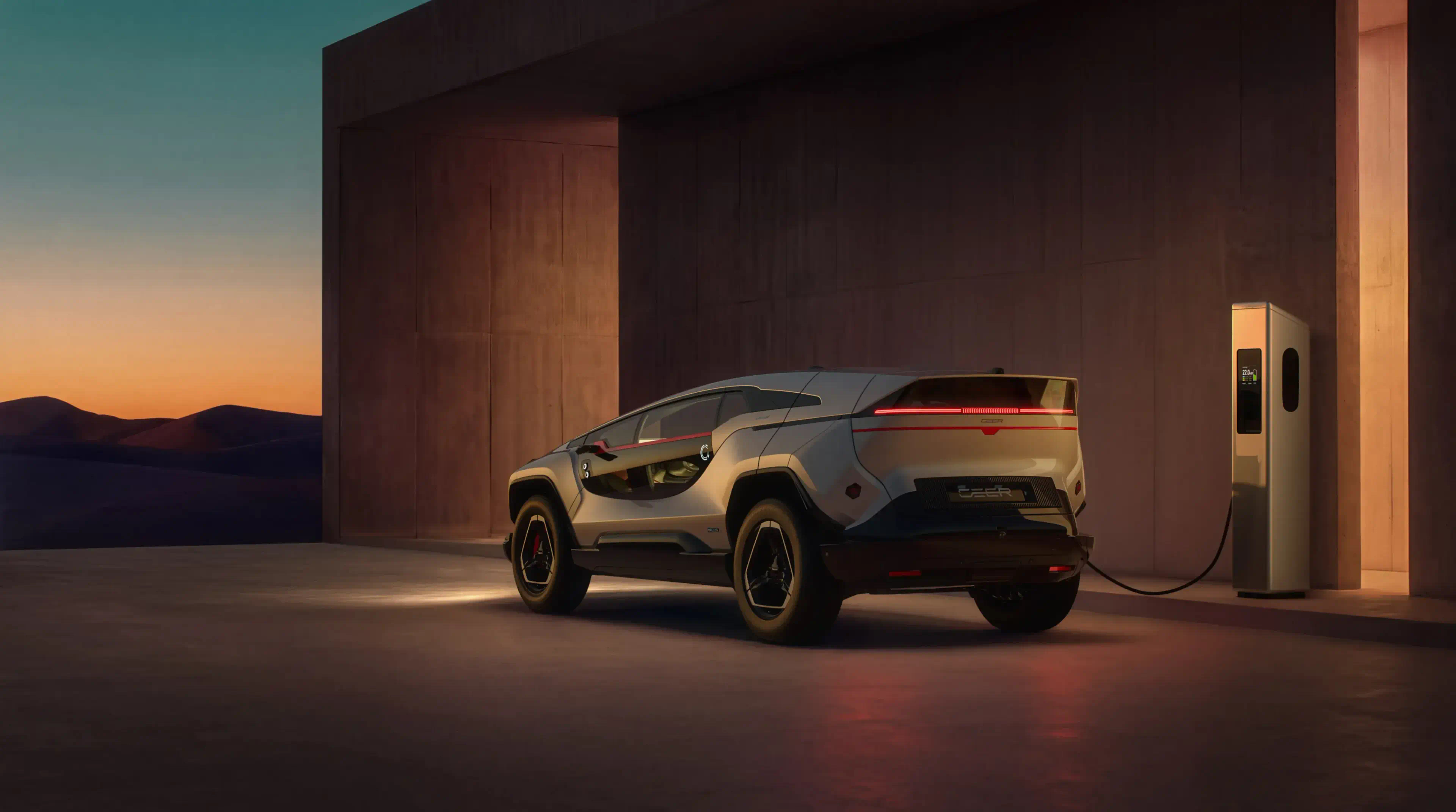 A CEER SUV plugged into a charging post at dusk, its rear light bar glowing