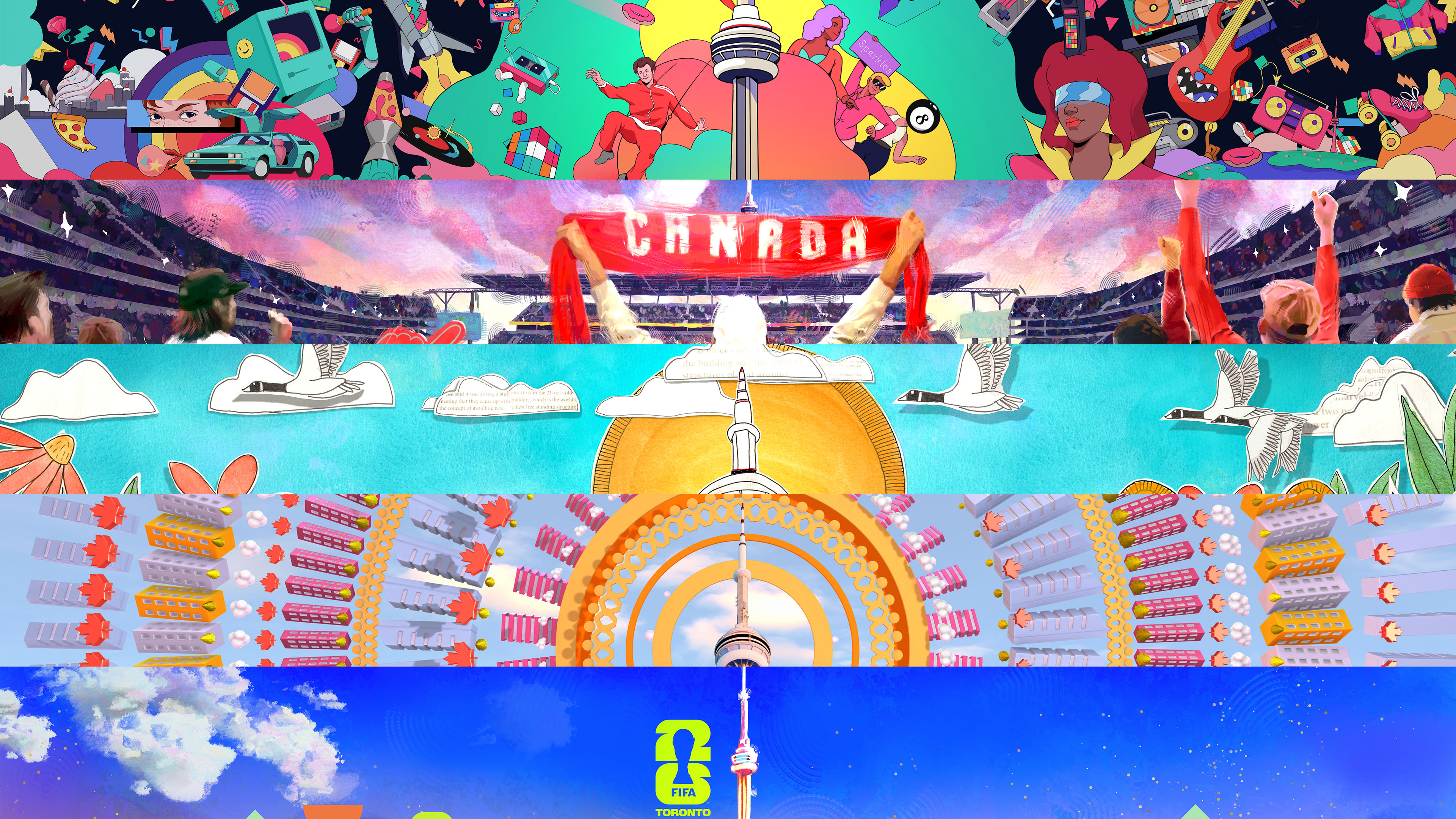 Stills from five scenes: pop-art collage, stadium crowd, flowers and geese, maple-leaf kaleidoscope, FIFA Toronto