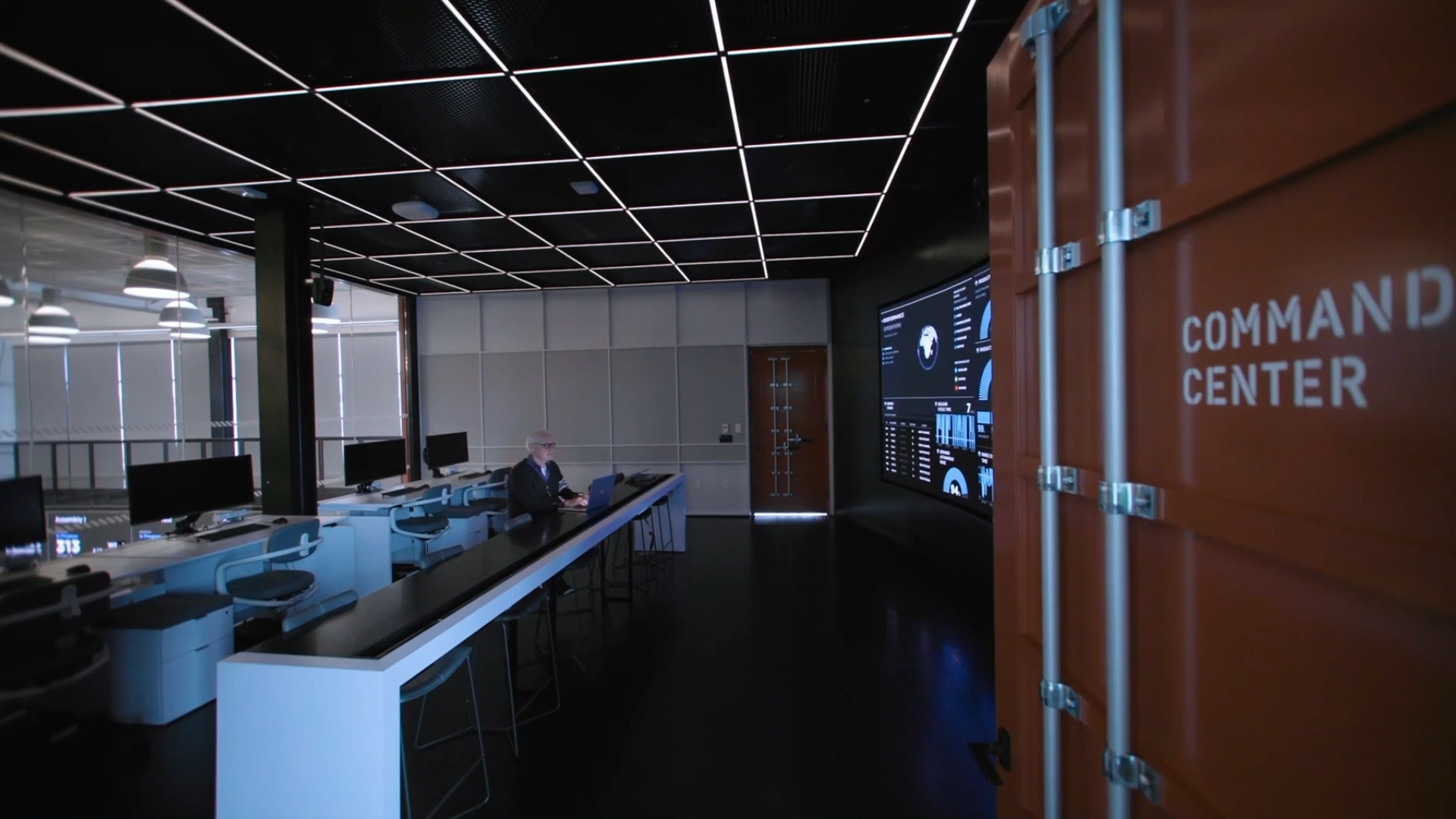 Command center at The Smart Factory by Deloitte with a large data wall; opens a video of the facility (MP4)