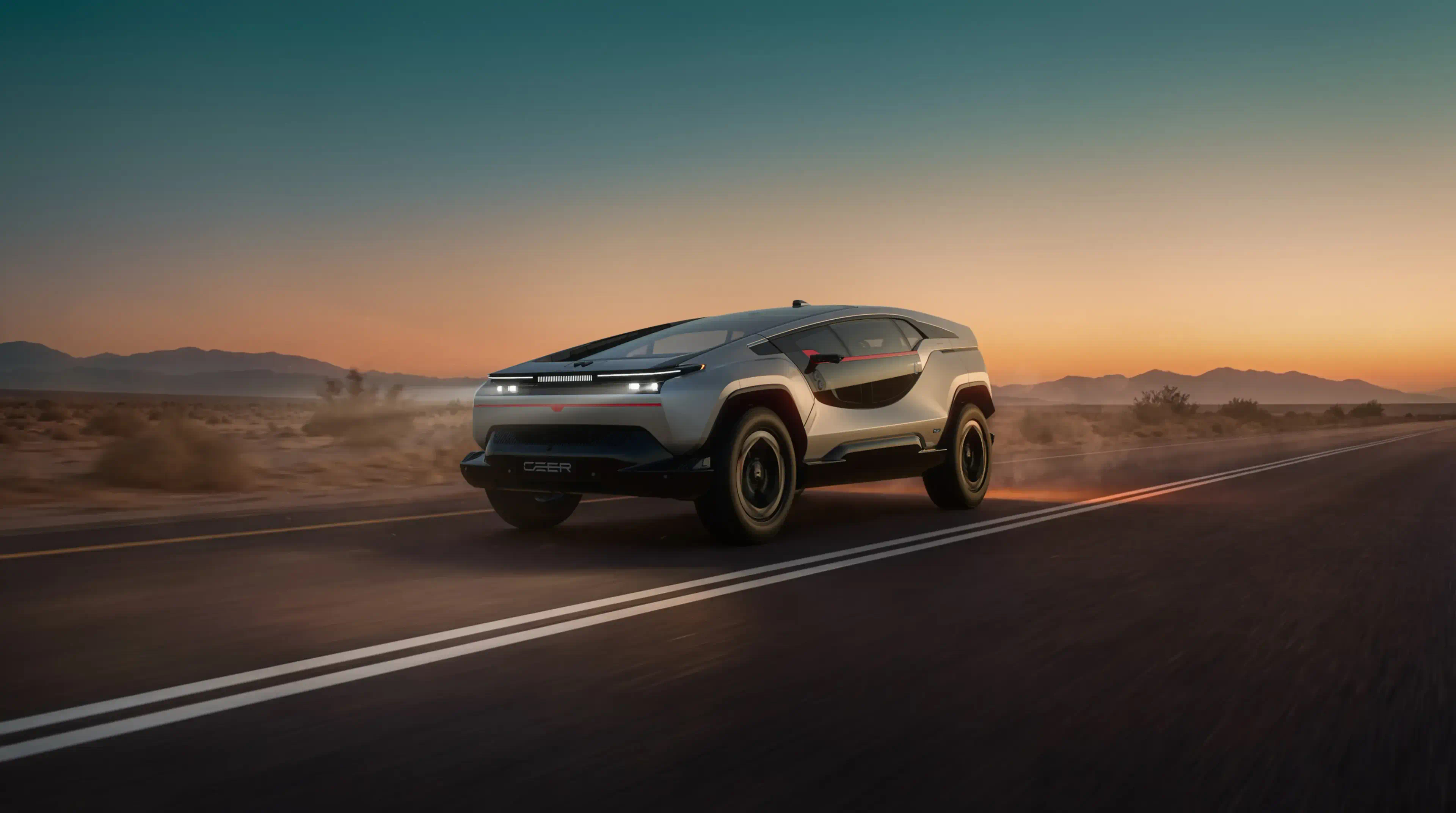 A silver CEER SUV drives a desert highway at dusk, its slim front light bar lit