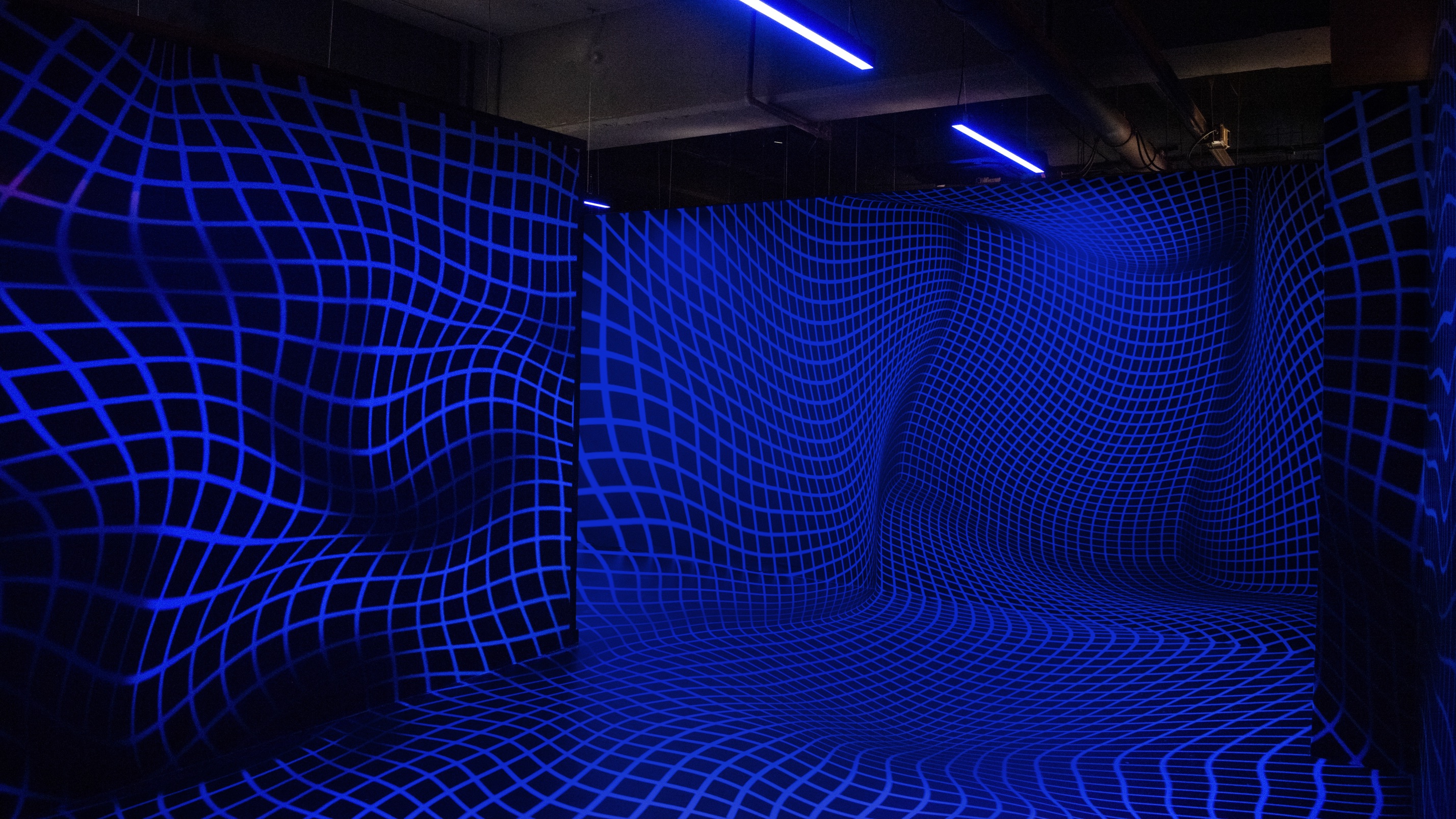 The Vortex Room: a warped blue grid printed across walls and floor makes the room appear to fall away