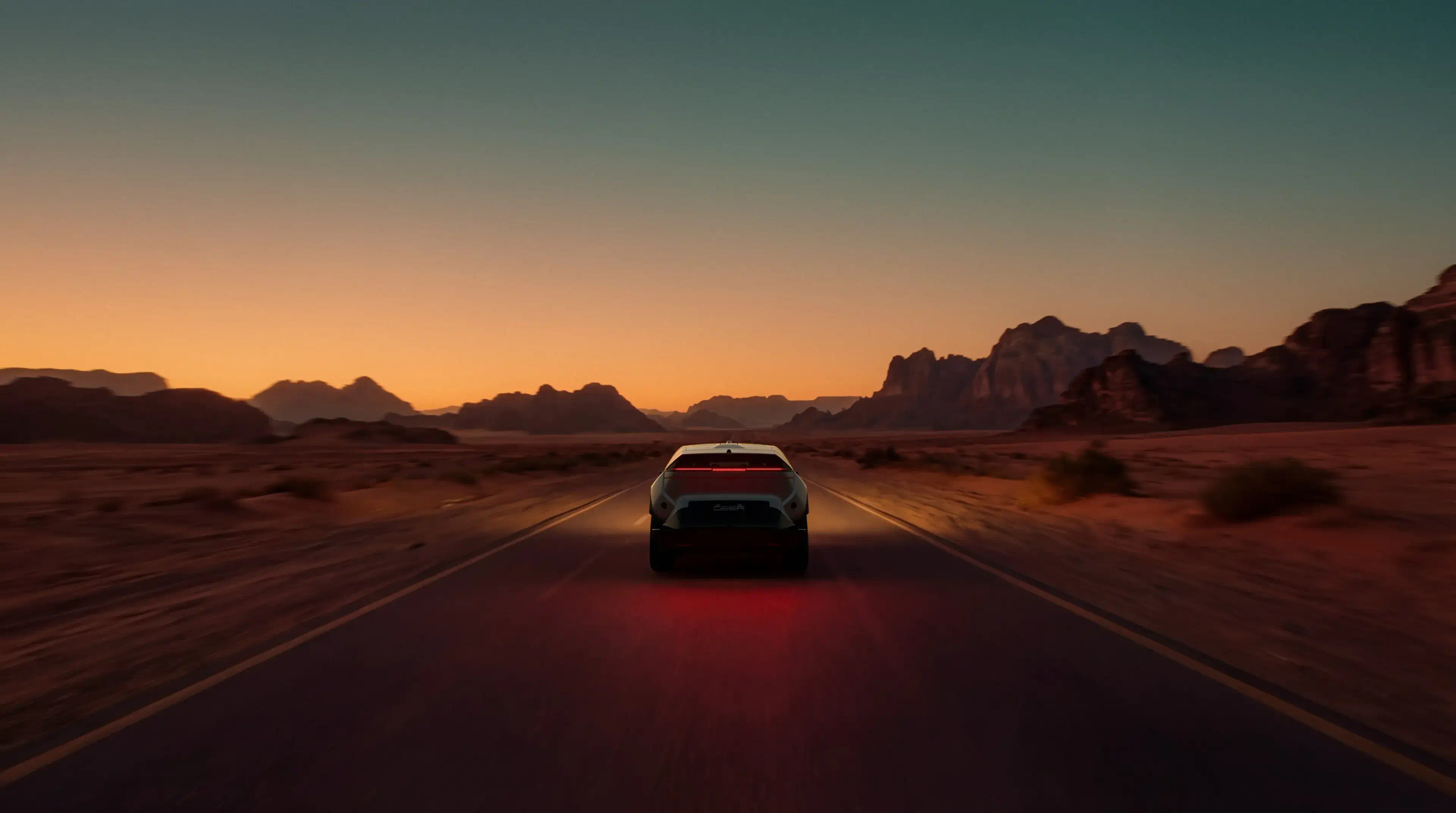A CEER SUV drives away down an empty desert highway at sunset, rear lights glowing red
