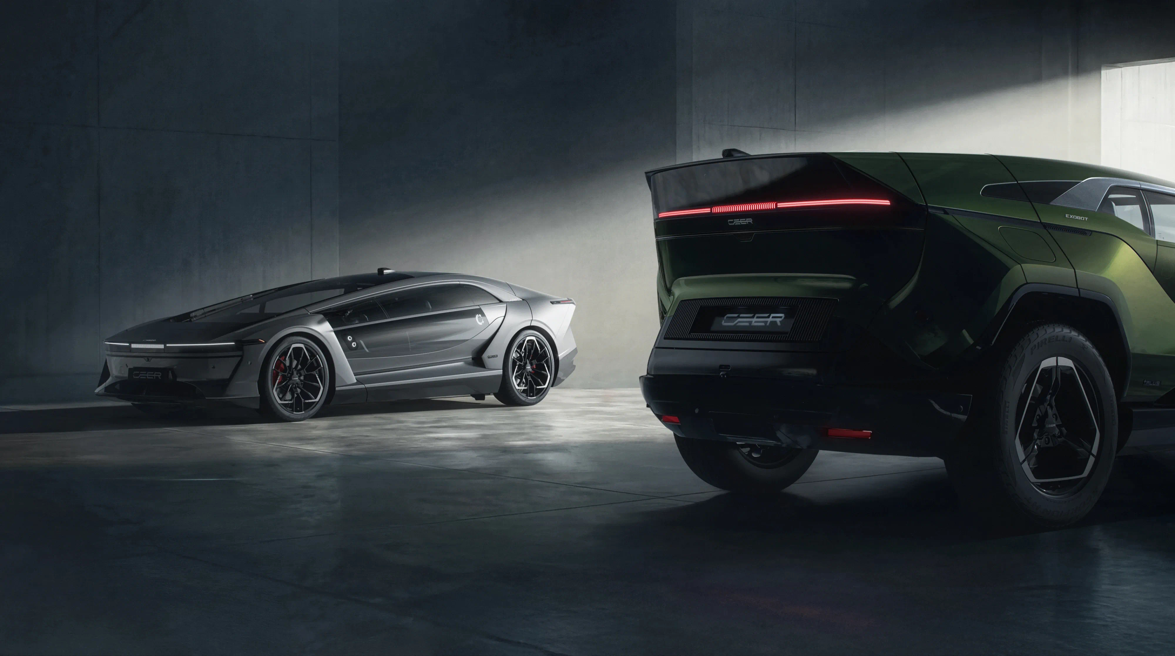 The CEER EXOBOT sedan and SUV in a concrete hall, the SUV's red rear light bar lit