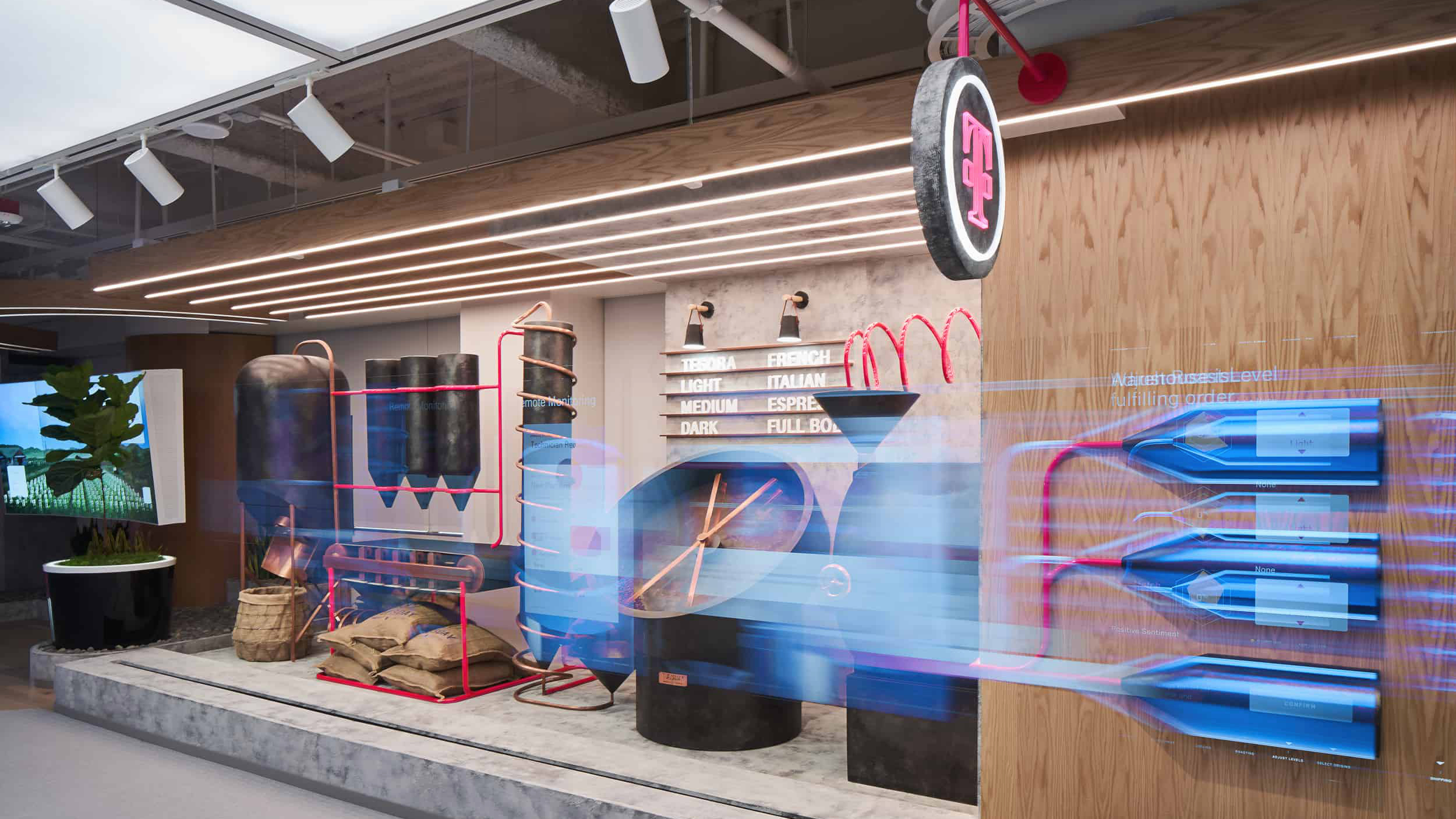 Coffee-roasting industry zone, with a transparent display overlaying blue graphics on the equipment