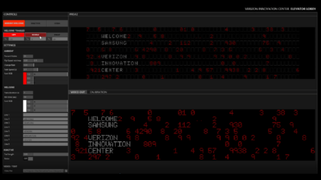 Control software for the elevator lobby wall, previewing a guest welcome message across the display grid