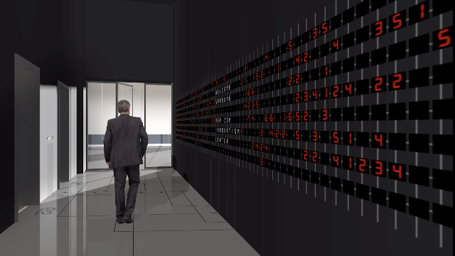 Visualisation of the corridor: a visitor walks past the display wall showing a welcome message among red digits